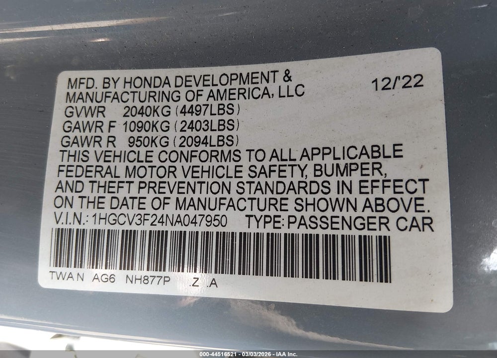 2022 HONDA ACCORD HYBRID SPORT VIN: 1HGCV3F24NA047950