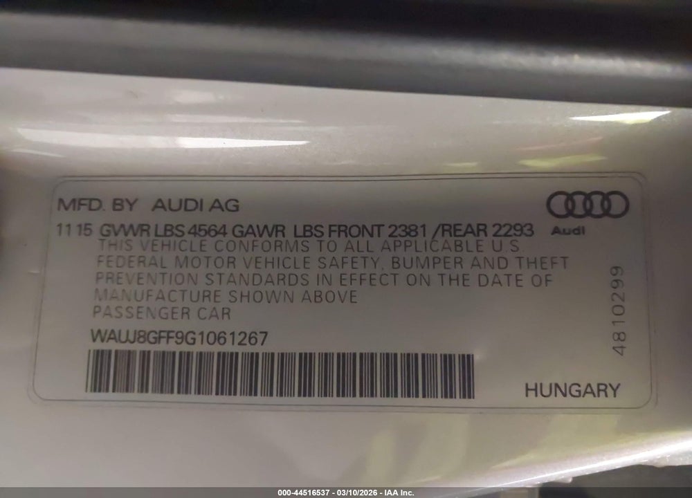 2016 AUDI A3 2.0T PREMIUM VIN: WAUJ8GFF9G1061267