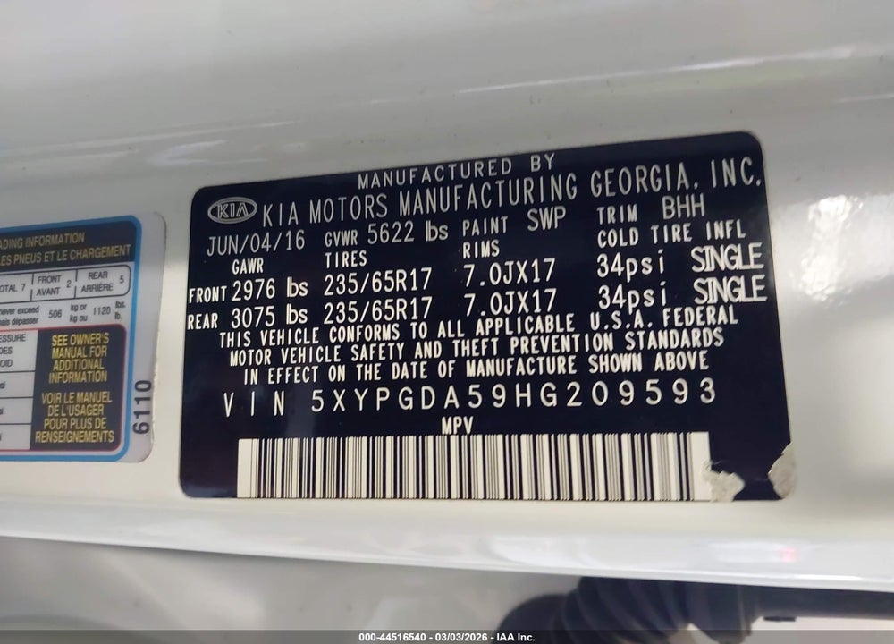 2017 KIA SORENTO 3.3L LX VIN: 5XYPGDA59HG209593
