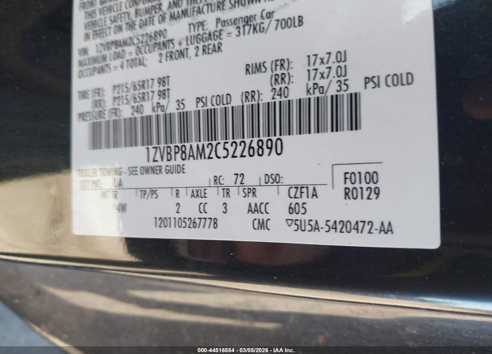 2012 FORD MUSTANG V6 PREMIUM VIN: 1ZVBP8AM2C5226890