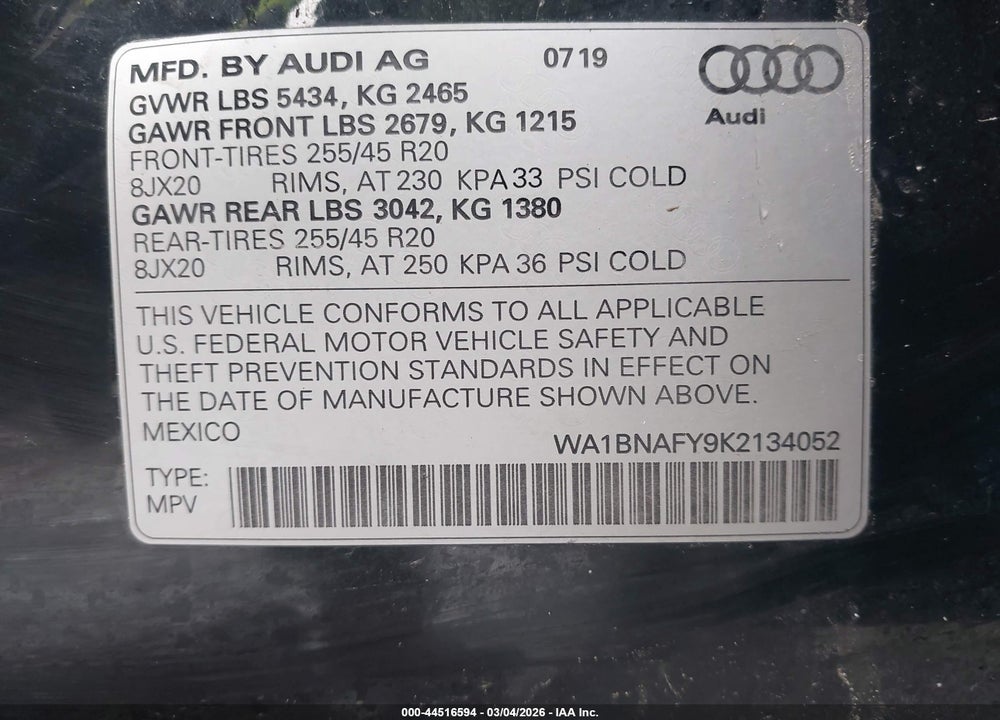 2019 AUDI Q5 45 PREMIUM VIN: WA1BNAFY9K2134052