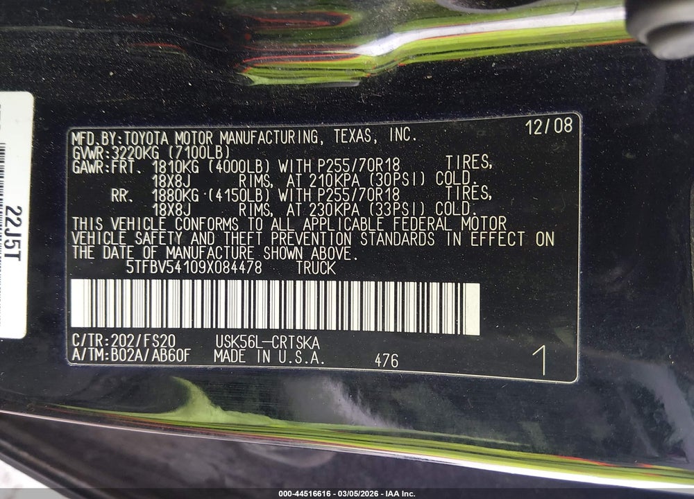 2009 TOYOTA TUNDRA GRADE 5.7L V8 VIN: 5TFBV54109X084478