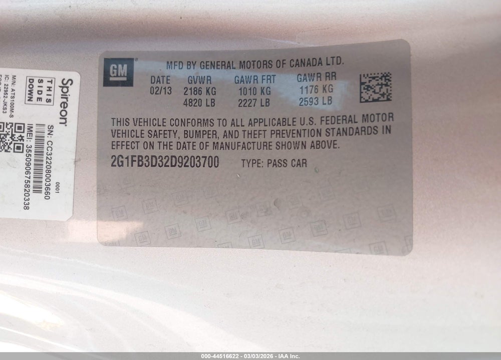 2013 CHEVROLET CAMARO 1LT VIN: 2G1FB3D32D9203700