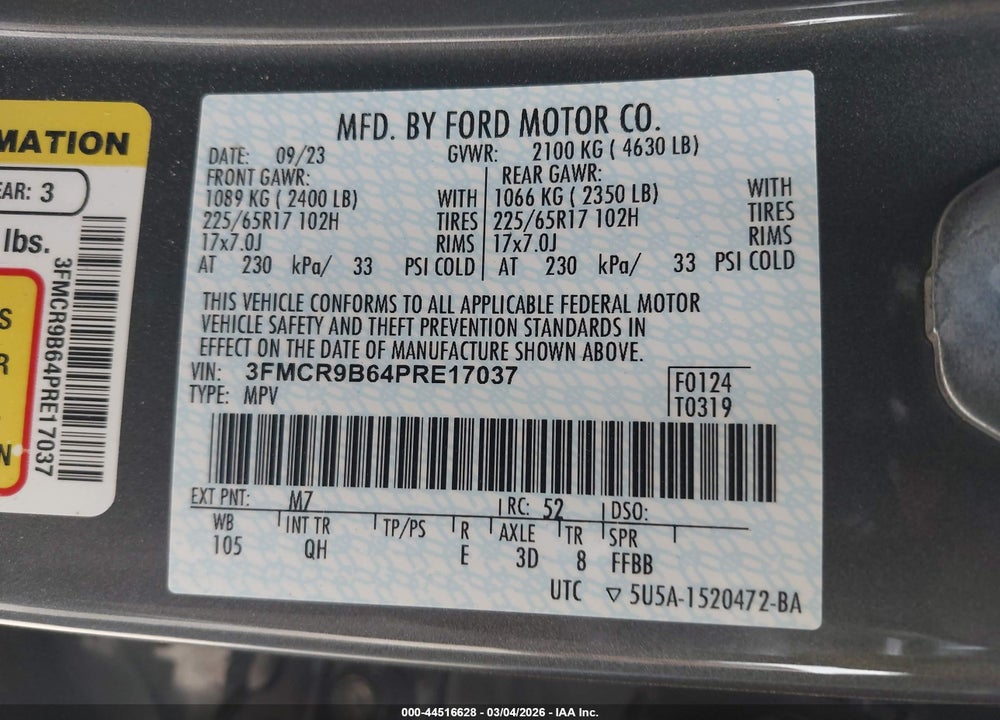 2023 FORD BRONCO SPORT BIG BEND VIN: 3FMCR9B64PRE17037