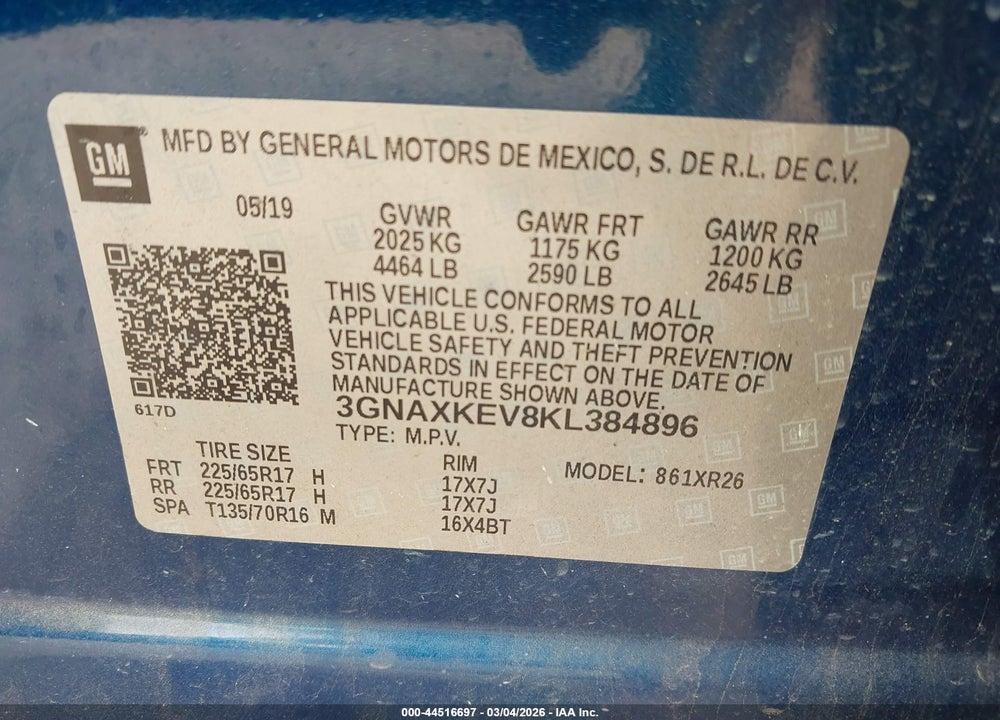 2019 CHEVROLET EQUINOX LT VIN: 3GNAXKEV8KL384896