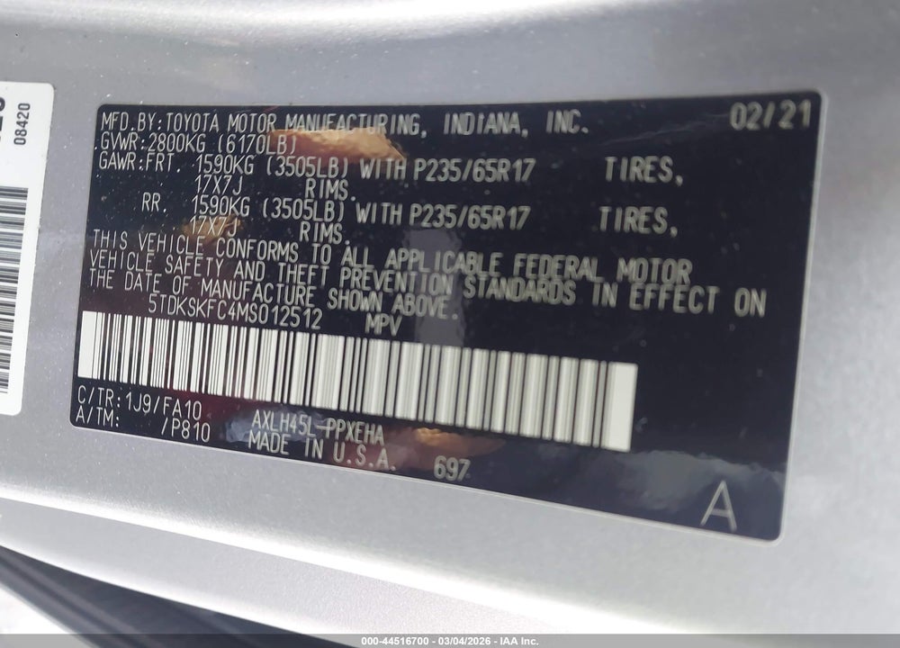 2021 TOYOTA SIENNA LE VIN: 5TDKSKFC4MS012512