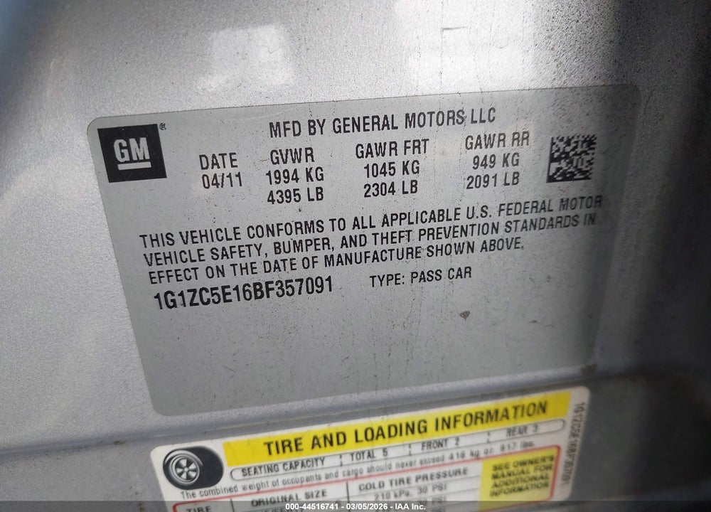 2011 CHEVROLET MALIBU 1LT VIN: 1G1ZC5E16BF357091