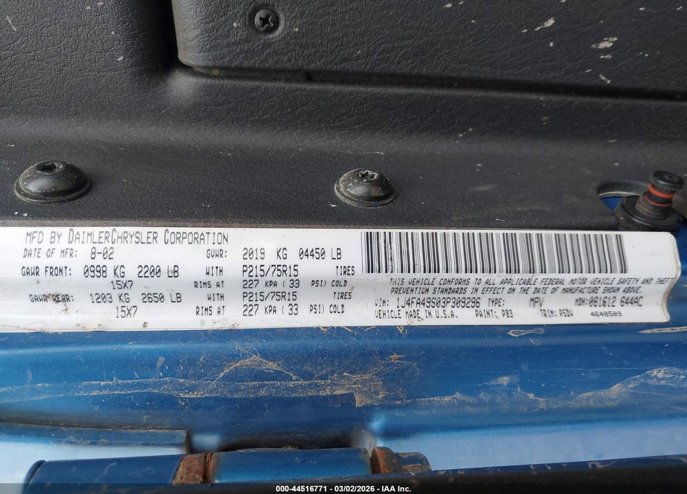 2003 JEEP WRANGLER SPORT VIN: 1J4FA49S03P309296