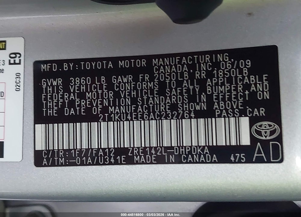 2010 TOYOTA MATRIX VIN: 2T1KU4EE6AC232764