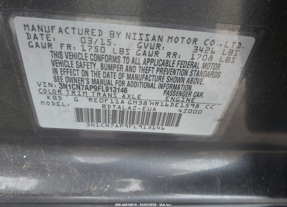 2015 NISSAN VERSA 1.6 S+ VIN: 3N1CN7AP9FL913146