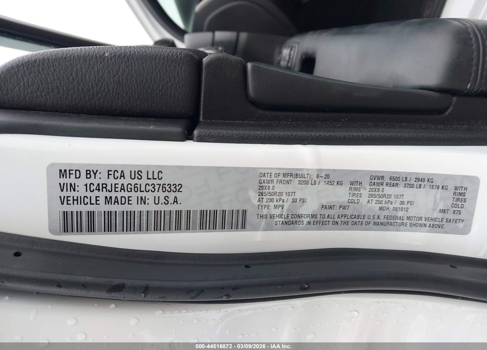 2020 JEEP GRAND CHEROKEE ALTITUDE 4X2 VIN: 1C4RJEAG6LC376332