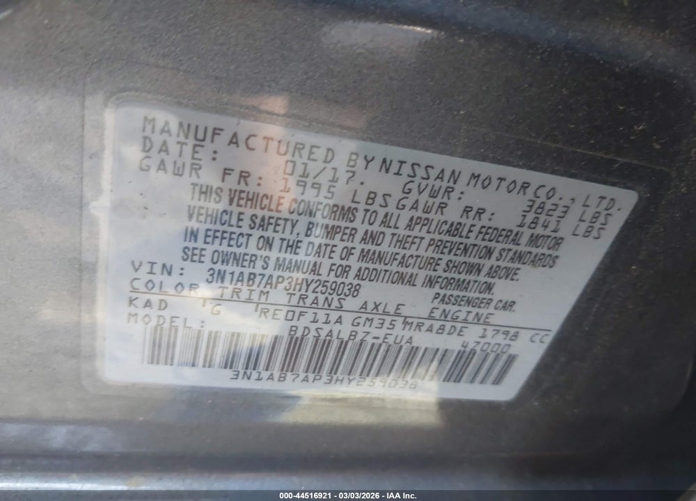 2017 NISSAN SENTRA S VIN: 3N1AB7AP3HY259038