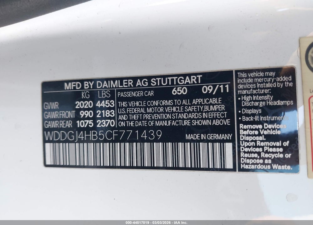2012 MERCEDES-BENZ C 250 VIN: WDDGJ4HB5CF771439