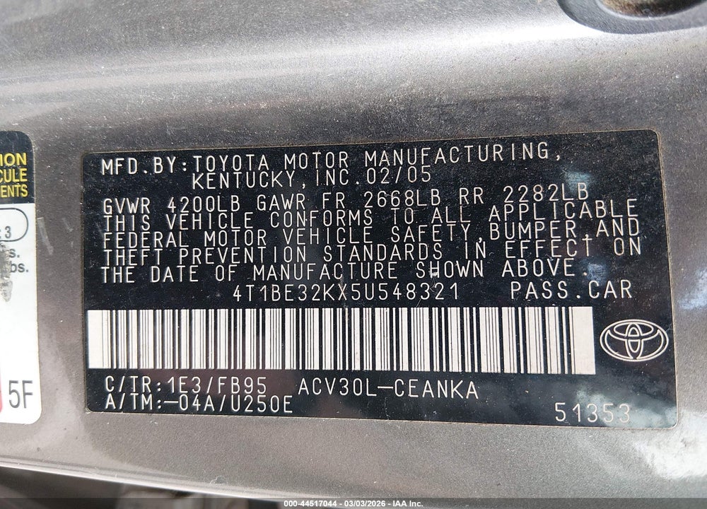 2005 TOYOTA CAMRY LE VIN: 4T1BE32KX5U548321