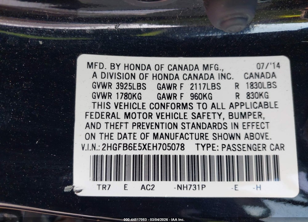 2014 HONDA CIVIC SI VIN: 2HGFB6E5XEH705078