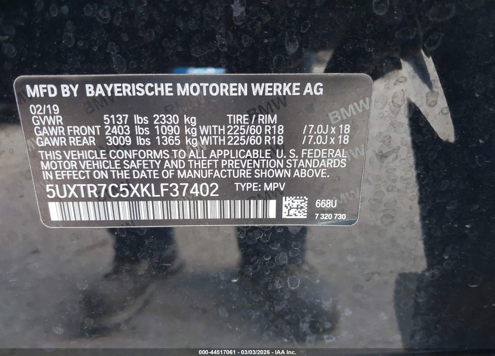 2019 BMW X3 SDRIVE30I VIN: 5UXTR7C5XKLF37402