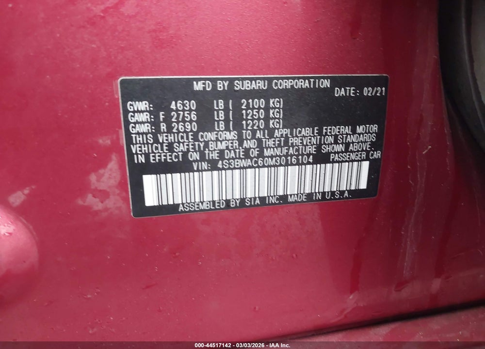2021 SUBARU LEGACY PREMIUM VIN: 4S3BWAC60M3016104