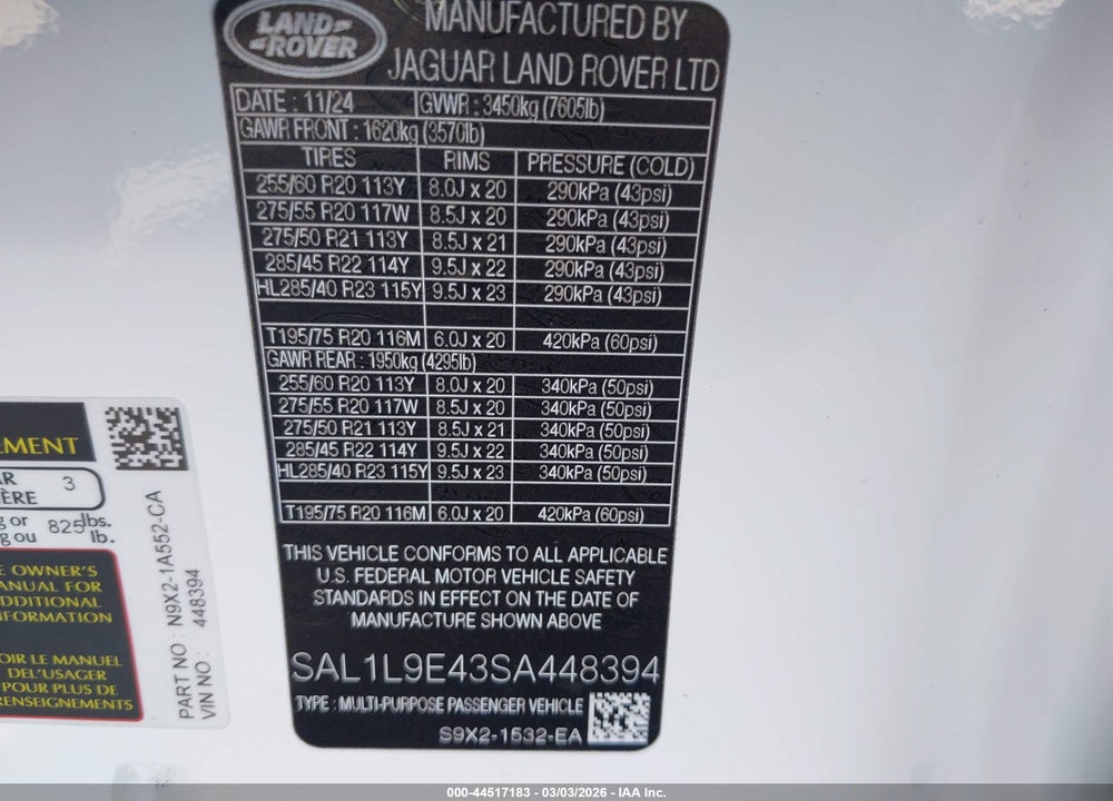 2025 LAND ROVER RANGE ROVER SPORT P460 DYNAMIC SE VIN: SAL1L9E43SA448394