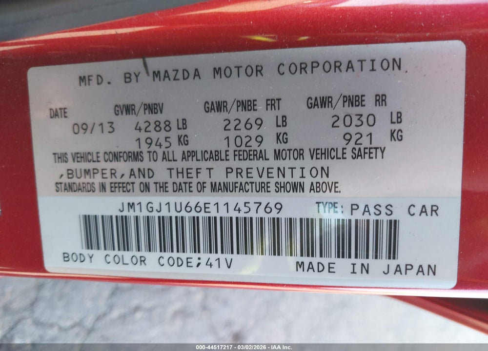 2014 MAZDA 6 I SPORT VIN: JM1GJ1U66E1145769