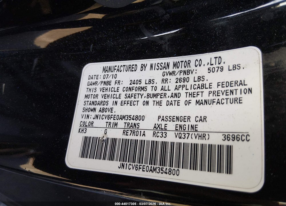 2010 INFINITI G37 VIN: JN1CV6FE0AM354800
