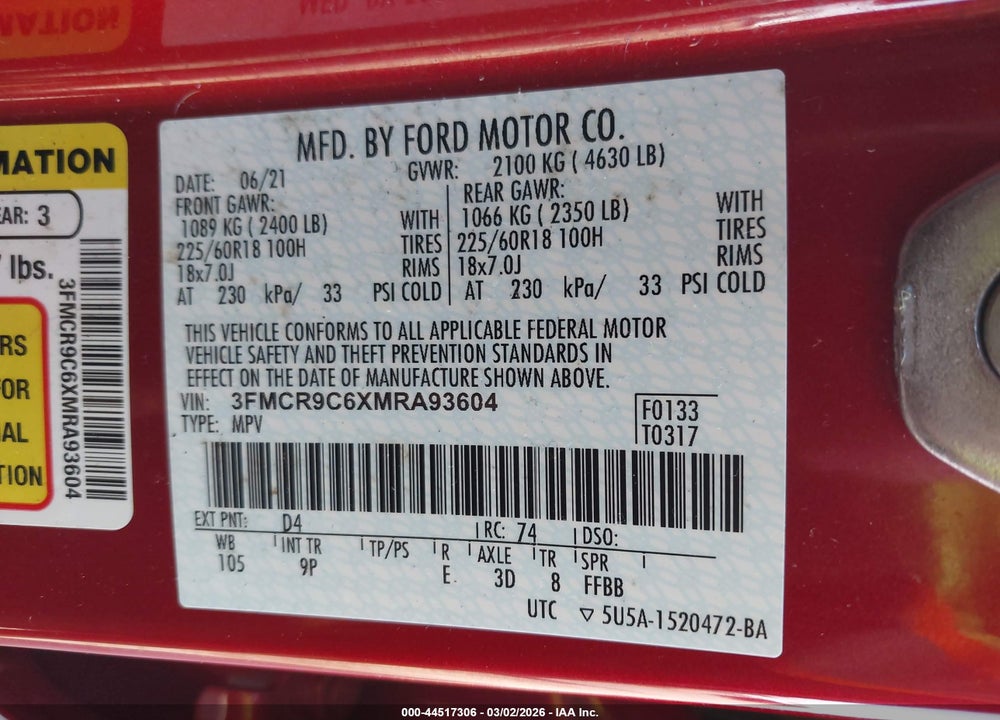 2021 FORD BRONCO SPORT OUTER BANKS VIN: 3FMCR9C6XMRA93604