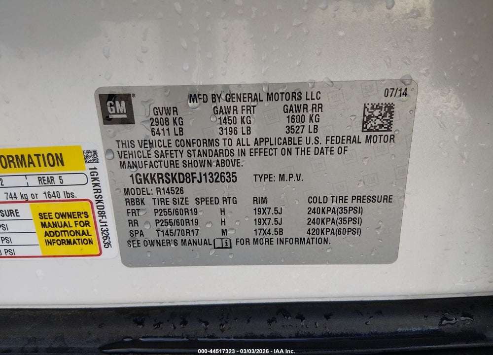 2015 GMC ACADIA SLT-2 VIN: 1GKKRSKD8FJ132635
