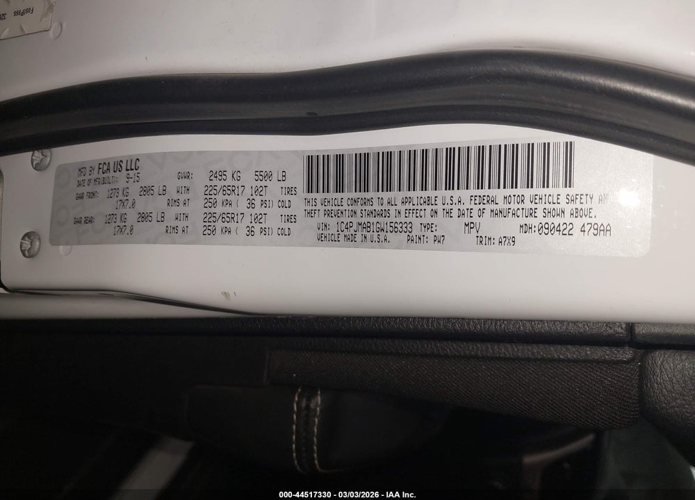 2016 JEEP CHEROKEE SPORT VIN: 1C4PJMAB1GW156333