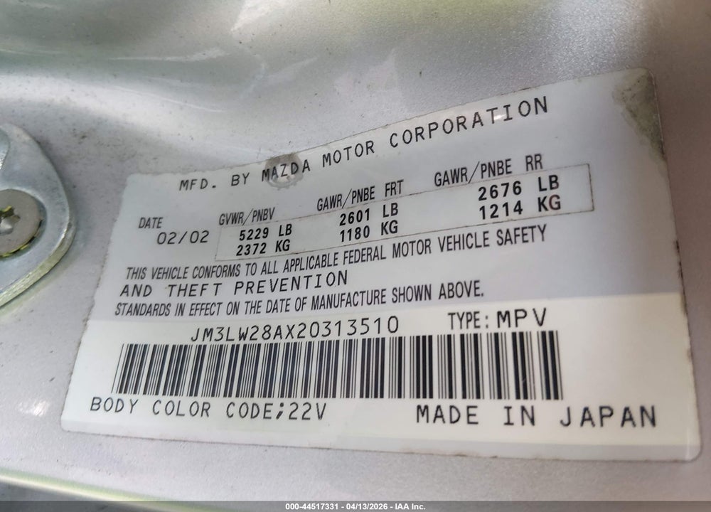 2002 MAZDA MPV ES/LX VIN: JM3LW28AX20313510