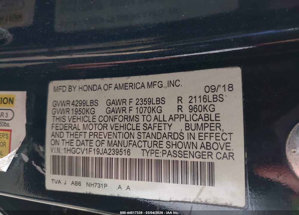 2018 HONDA ACCORD LX VIN: 1HGCV1F19JA239516