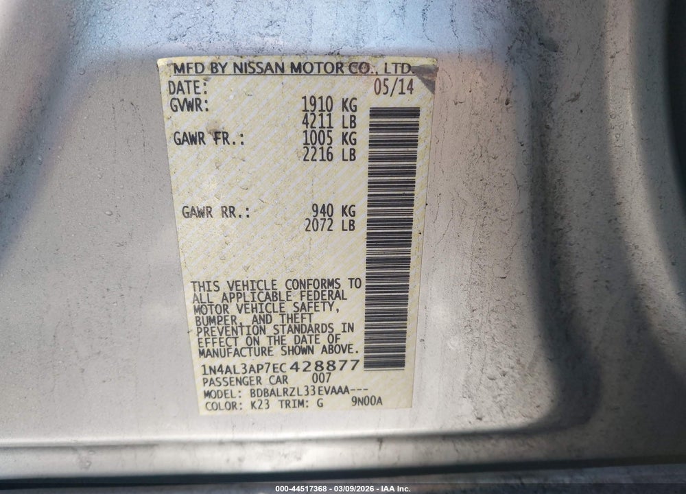 2014 NISSAN ALTIMA 2.5 S VIN: 1N4AL3AP7EC428877