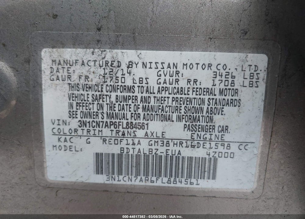 2015 NISSAN VERSA 1.6 SV VIN: 3N1CN7AP6FL884561