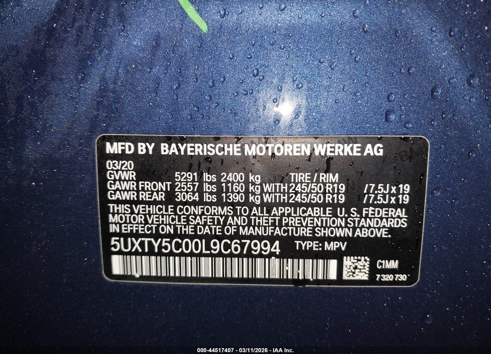 2020 BMW X3 XDRIVE30I VIN: 5UXTY5C00L9C67994