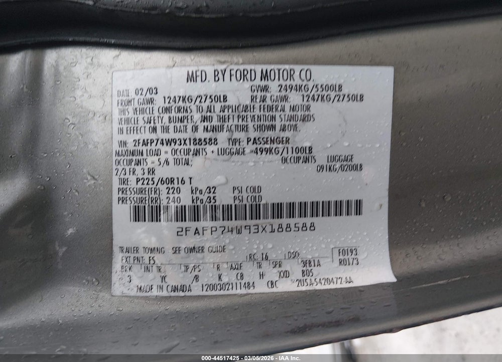 2003 FORD CROWN VICTORIA LX VIN: 2FAFP74W93X188588