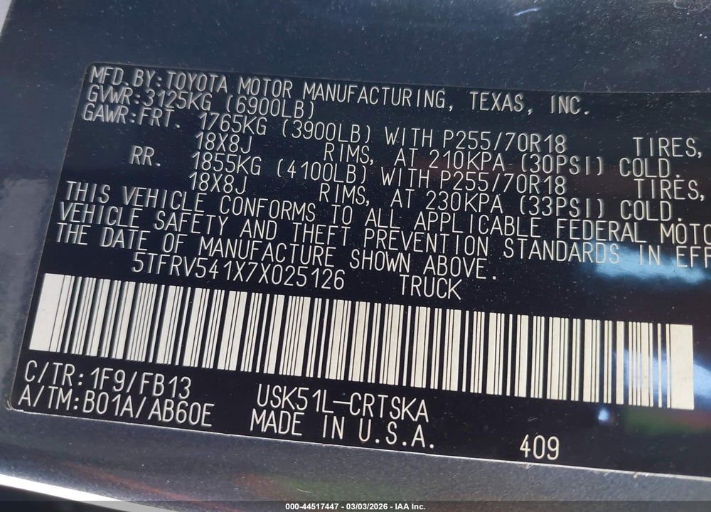 2007 TOYOTA TUNDRA SR5 V8 VIN: 5TFRV541X7X025126