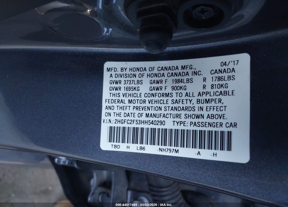 2017 HONDA CIVIC LX VIN: 2HGFC2F53HH540290