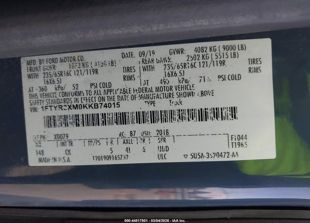2019 FORD TRANSIT T-250 VIN: 1FTYR3XM0KKB74015