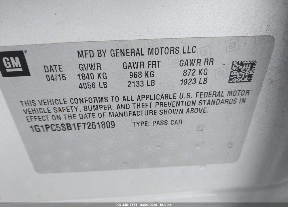 2015 CHEVROLET CRUZE 1LT AUTO VIN: 1G1PC5SB1F7261809