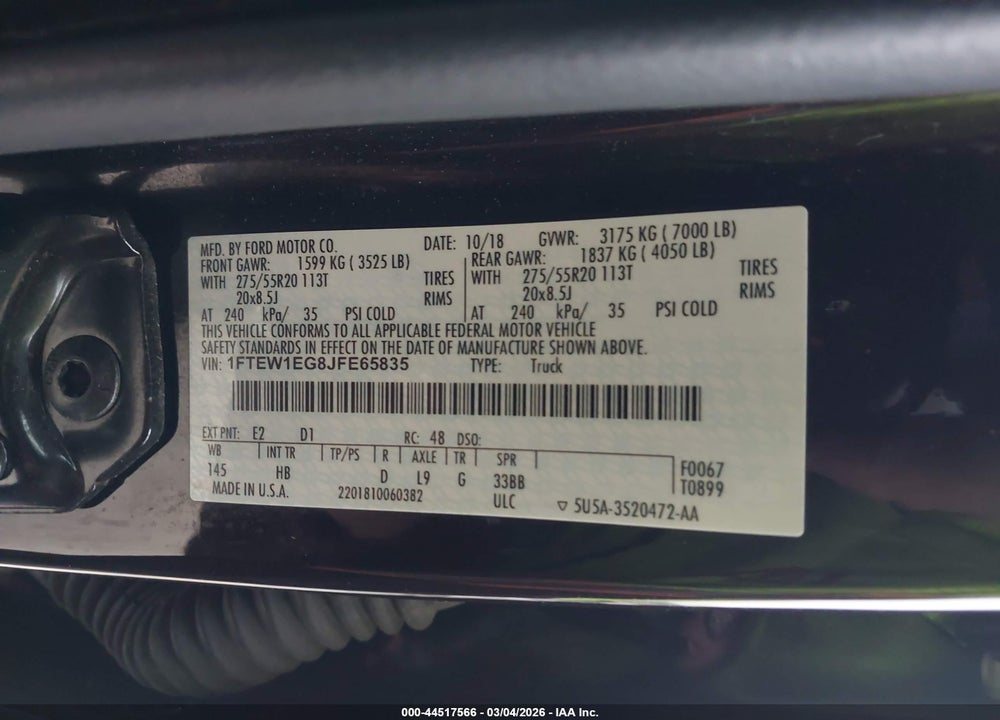 2018 FORD F-150 LARIAT VIN: 1FTEW1EG8JFE65835
