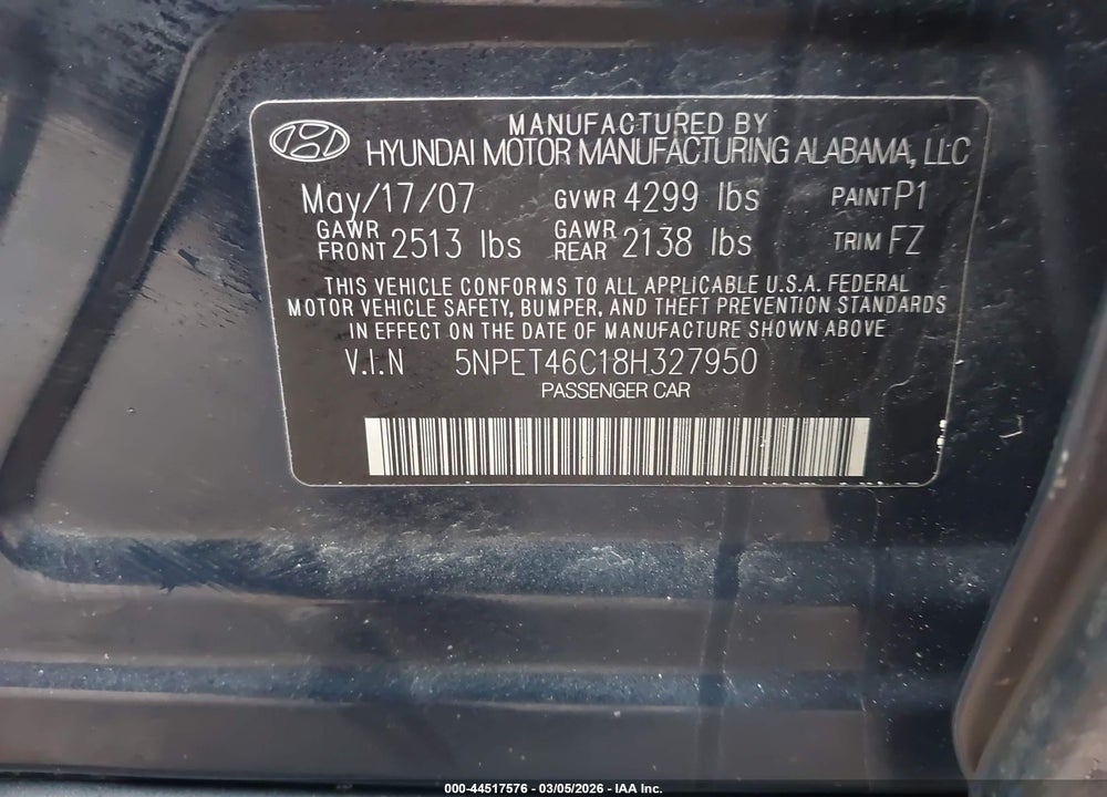 2008 HYUNDAI SONATA GLS VIN: 5NPET46C18H327950