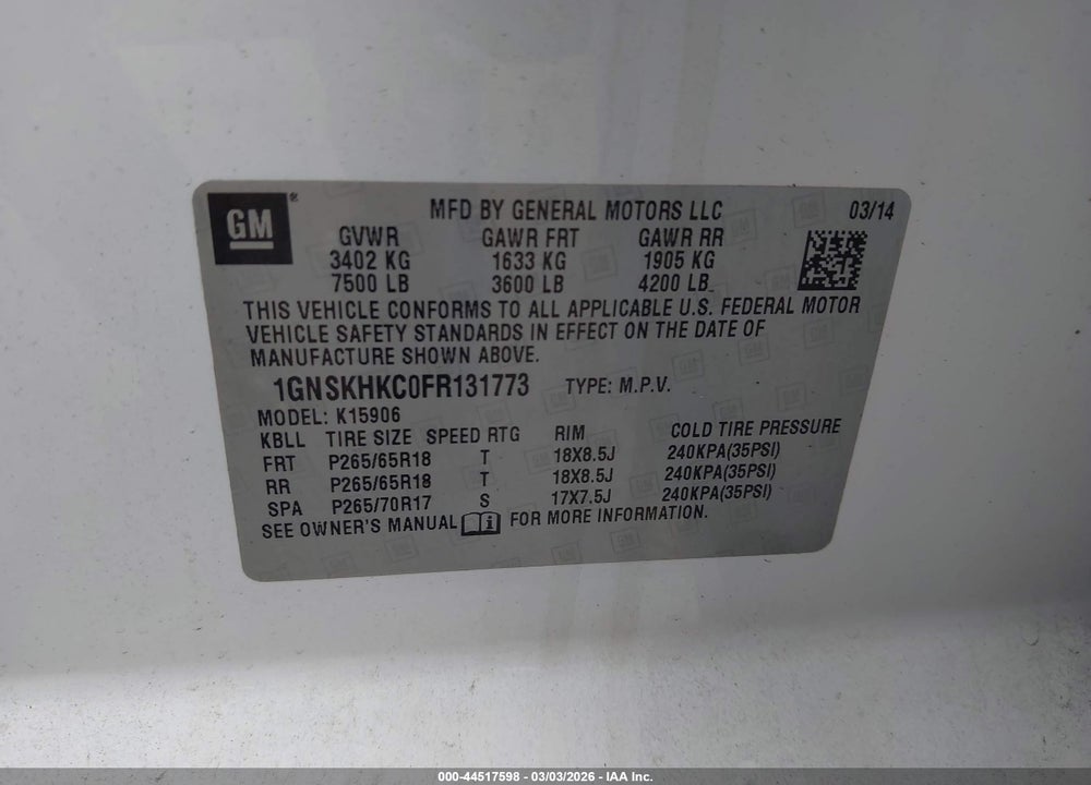 2015 CHEVROLET SUBURBAN 1500 LS VIN: 1GNSKHKC0FR131773