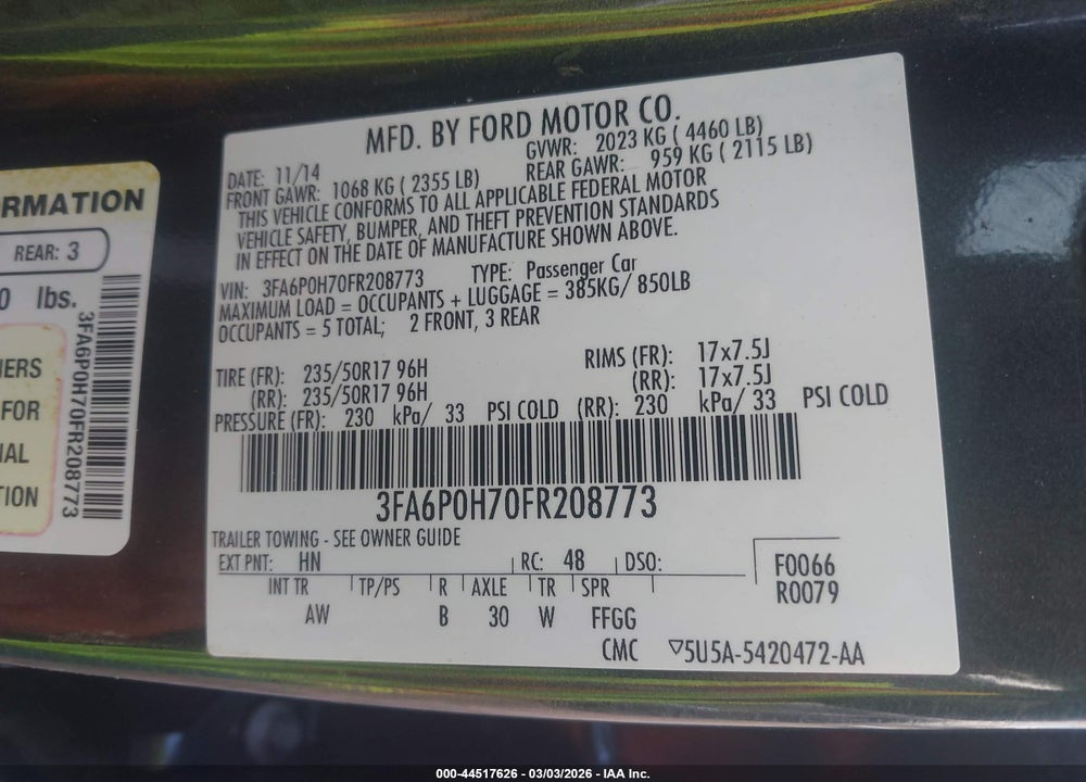 2015 FORD FUSION SE VIN: 3FA6P0H70FR208773