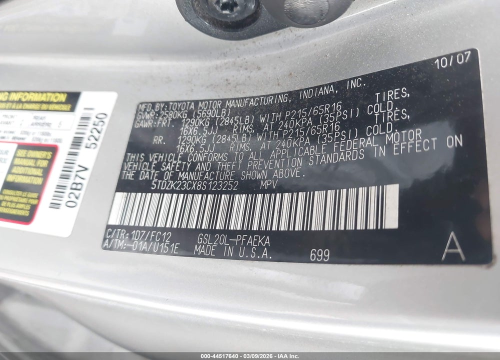 2008 TOYOTA SIENNA LE VIN: 5TDZK23CX8S123252