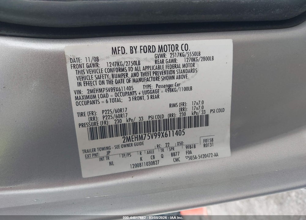 2009 MERCURY GRAND MARQUIS LS (FLEET ONLY) VIN: 2MEHM75V99X611405