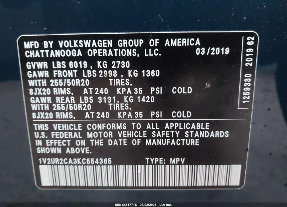 2019 VOLKSWAGEN ATLAS 3.6L V6 SE W/TECHNOLOGY VIN: 1V2UR2CA3KC554365