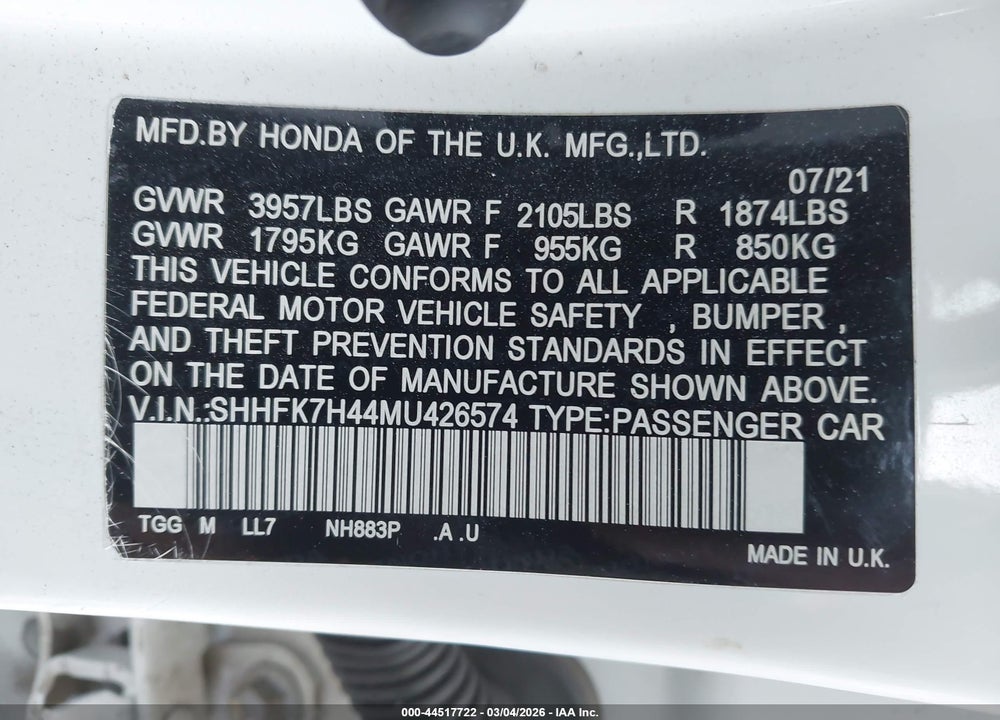 2021 HONDA CIVIC SPORT VIN: SHHFK7H44MU426574