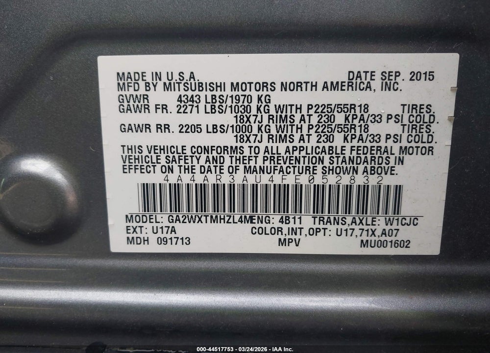 2015 MITSUBISHI OUTLANDER SPORT ES VIN: 4A4AR3AU4FE052832