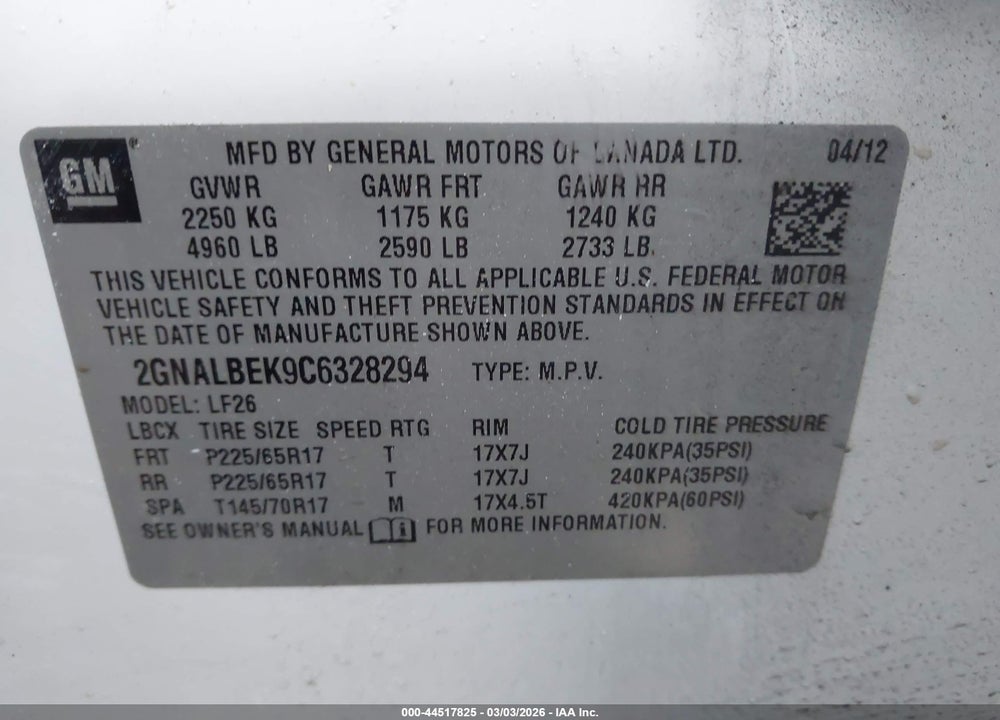 2012 CHEVROLET EQUINOX LS VIN: 2GNALBEK9C6328294