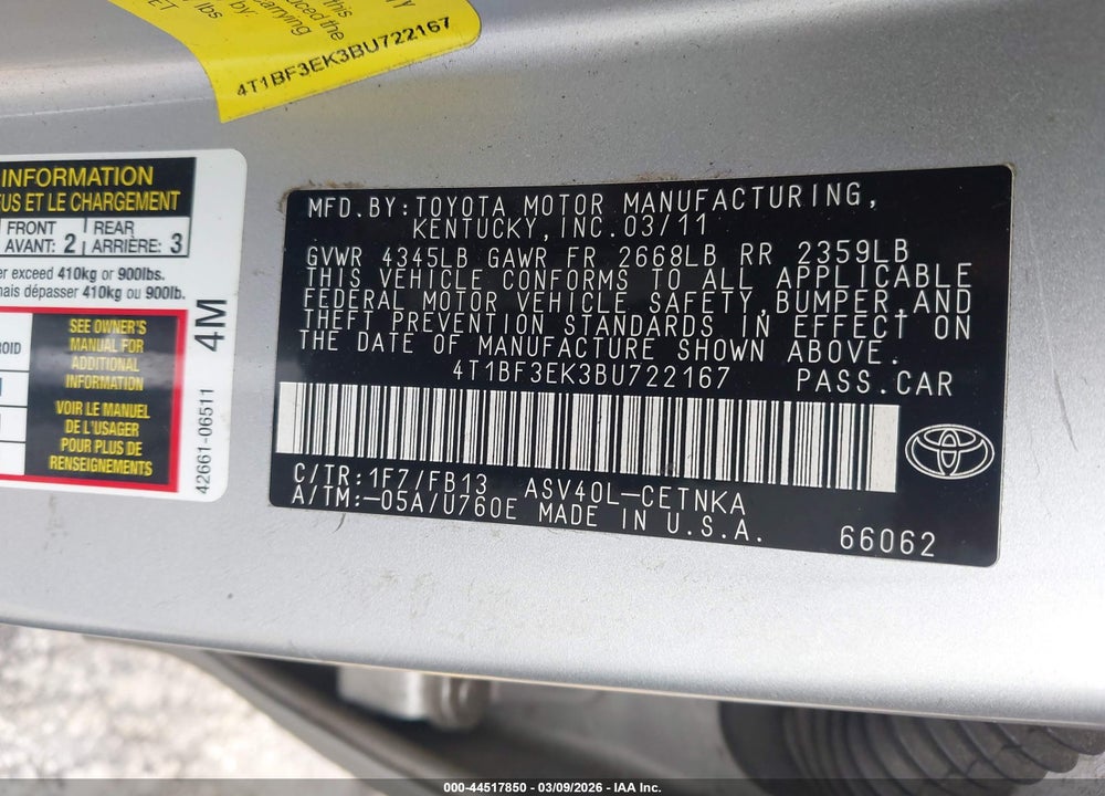 2011 TOYOTA CAMRY LE VIN: 4T1BF3EK3BU722167