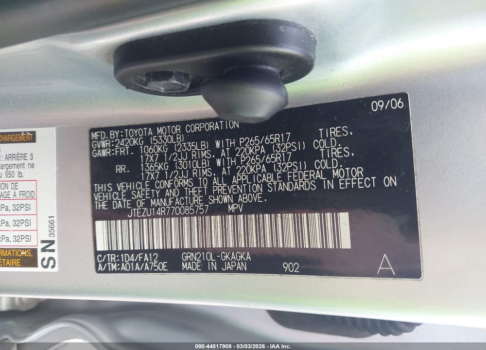 2007 TOYOTA 4RUNNER SR5 V6 VIN: JTEZU14R770085757