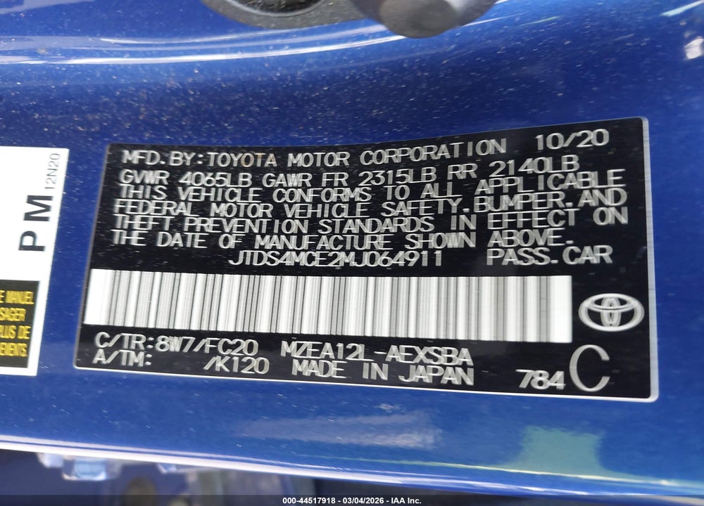 2021 TOYOTA COROLLA SE VIN: JTDS4MCE2MJ064911